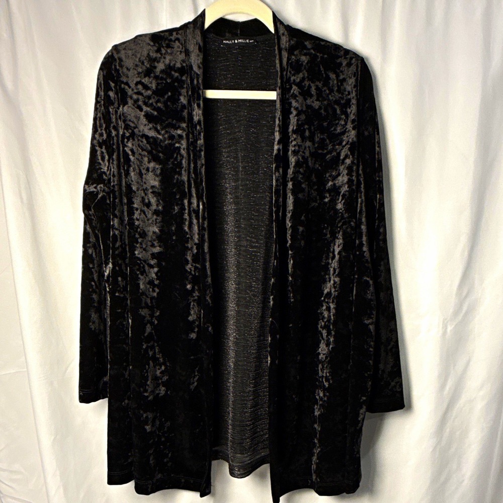 Nally & Millie Black Crushed Velvet Open Front Cardigan Metallic L/XL N043910